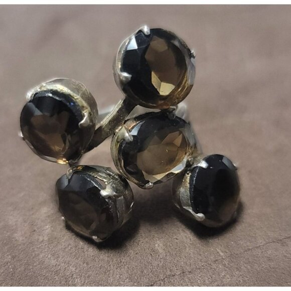 Estate Vintage Rare Amrita 925 Silver Cluster Ring With Smoky Quartz Gemstones - Picture 3 of 11